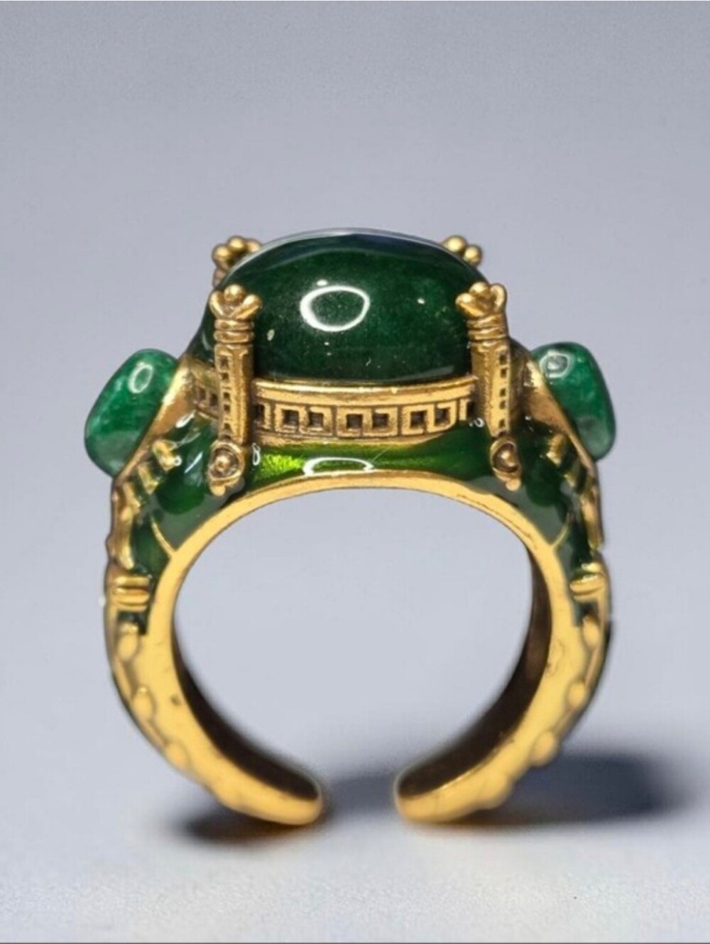 Unique 18k Gold Plated Ornate Egyptian Revival Emerald Enamel & Cabochon Ring